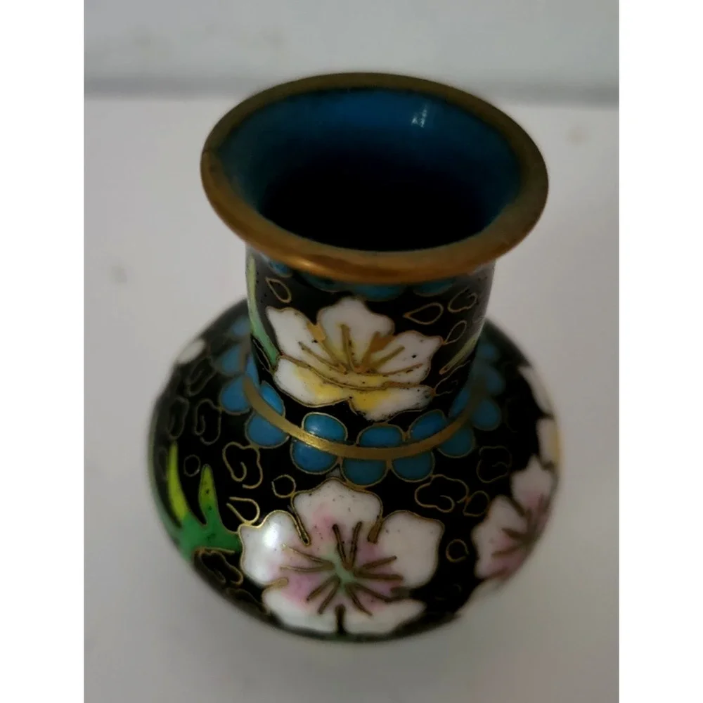 VINTAGE MINIATURE MINI CHINESE CLOISONNE VASE BLUE & PINK FLORAL 2